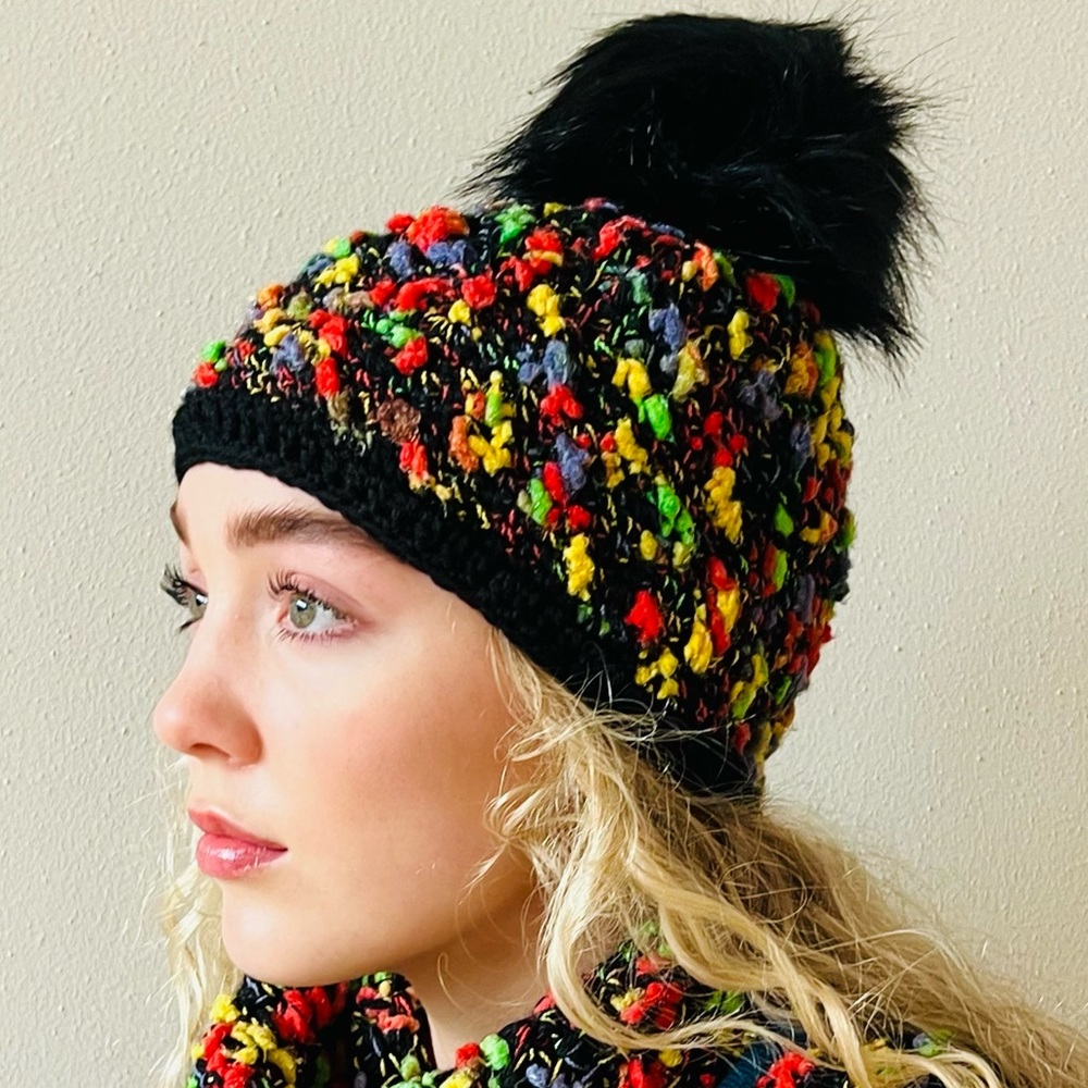 Hand-Crocheted Multicolor Winter Beanie Hat with Black Faux Fur Pom